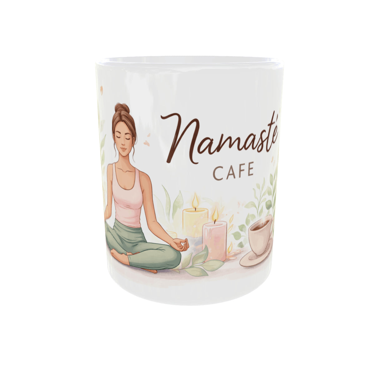 mug yoga namaste cafe illustration meditation bougies plantes vue face