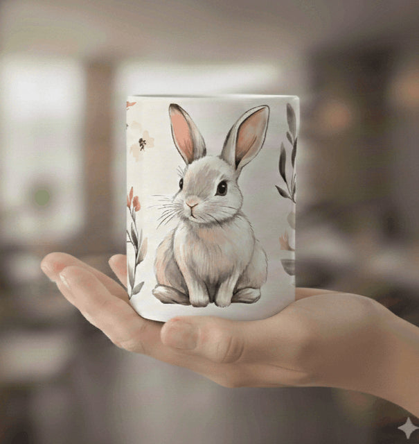 Mug lapin aquarelle fleurs bohèmes – 325 ml (11 oz) Sublimation Store