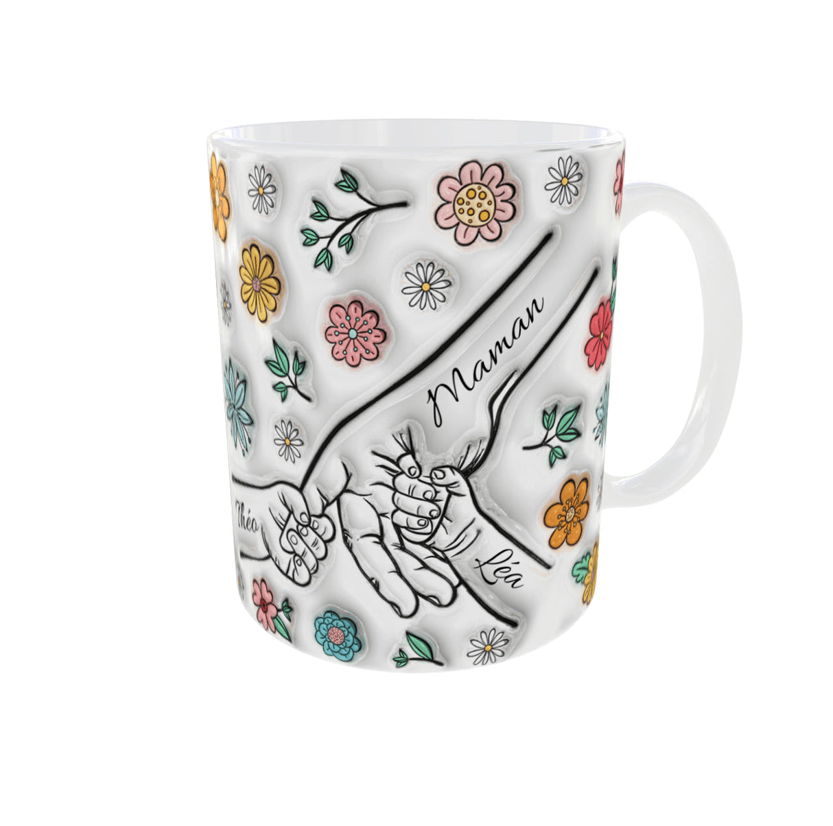 Mug personnalisé “Main dans la main” – Maman/Papa + 2 prénoms au choix (325 ml / 11 oz) Sublimation Store
