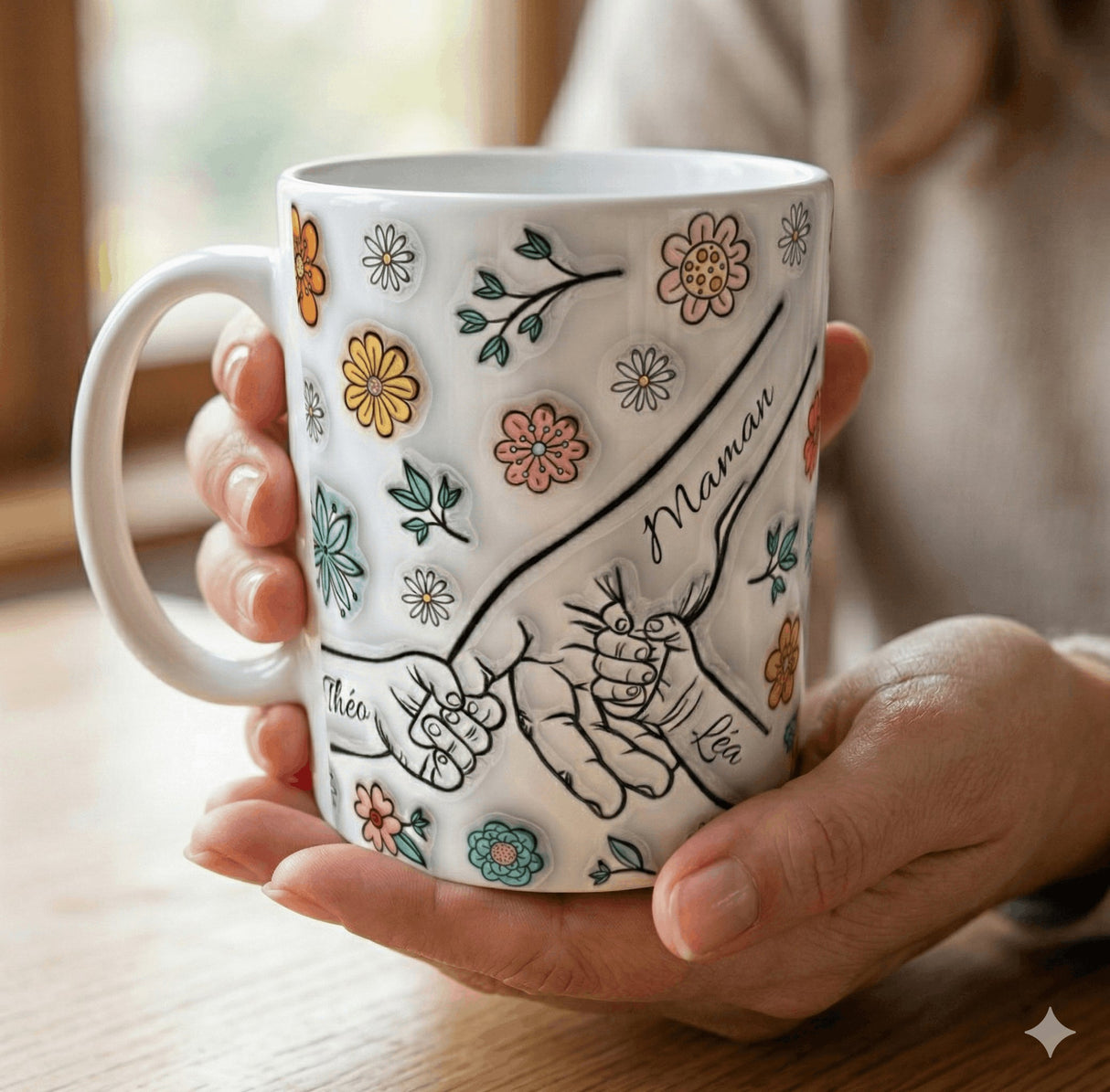 Mug personnalisé “Main dans la main” – Maman/Papa + 2 prénoms au choix (325 ml / 11 oz) Sublimation Store
