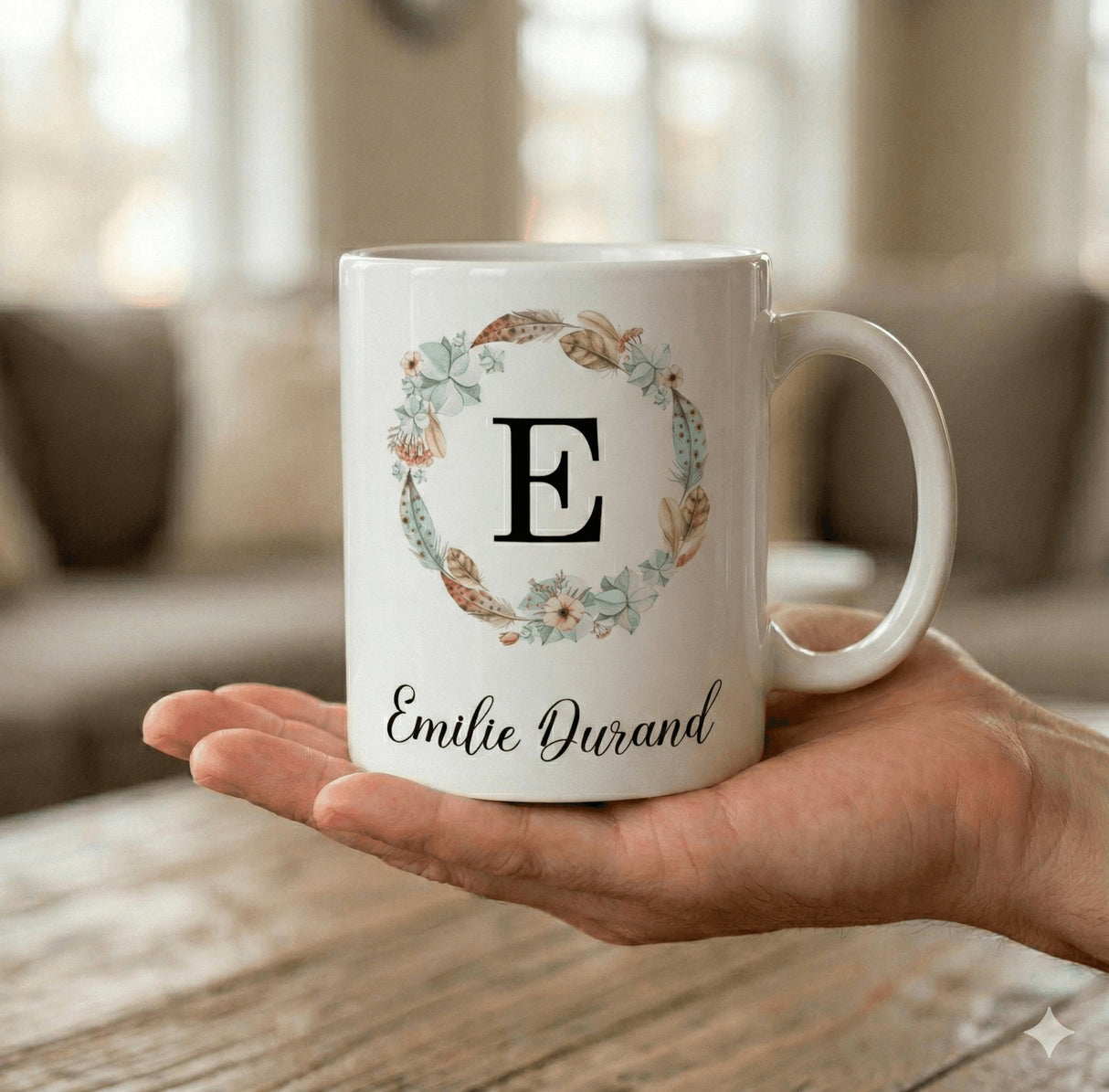 Mug personnalisé initiale & prénom – Couronne florale (cadeau femme) Sublimation Store - Vue sur main