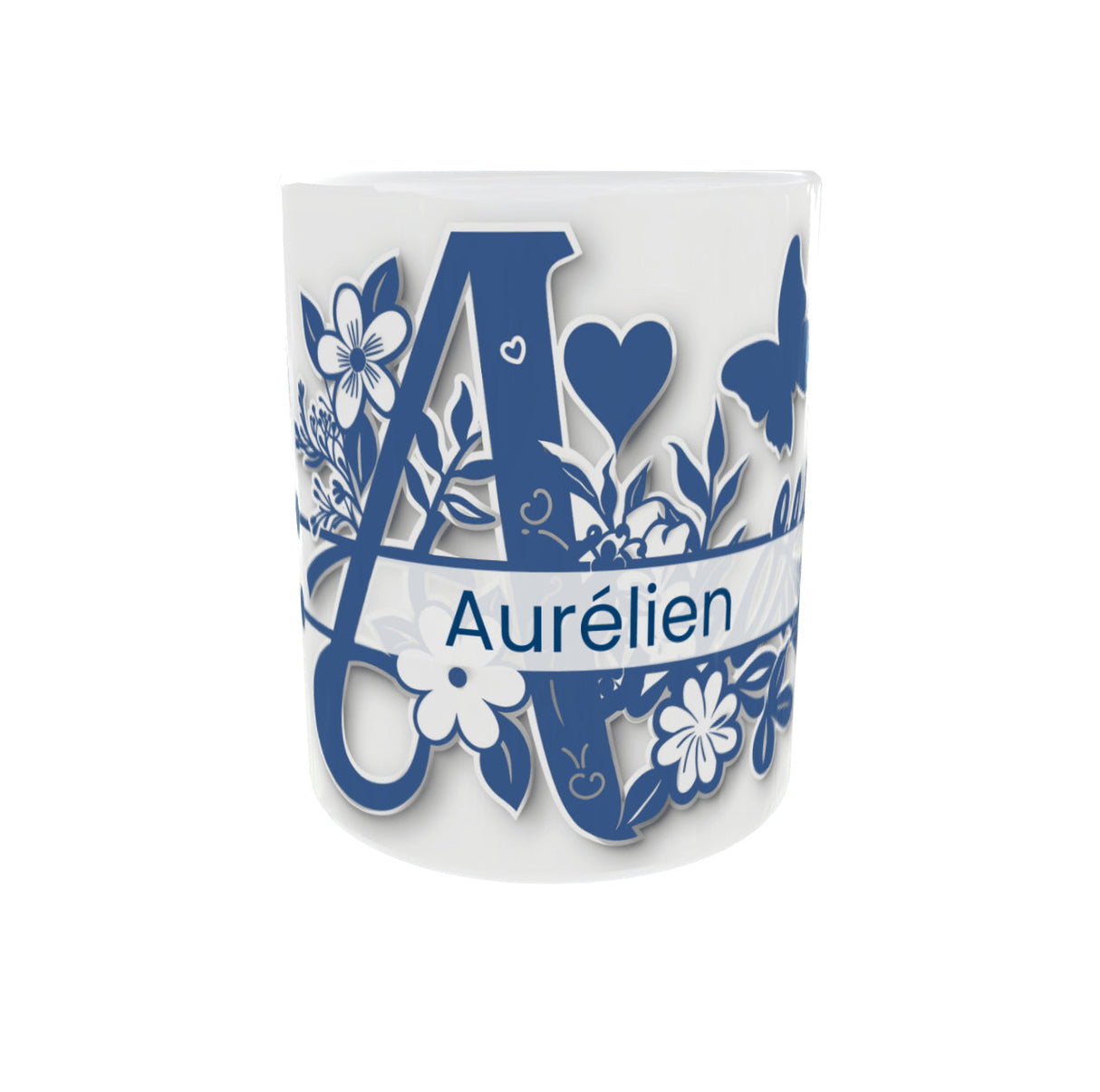 Mug personnalisé initiale A à Z – Bleu + prénom au choix (325 ml / 11 oz) Sublimation Store - Vue Face