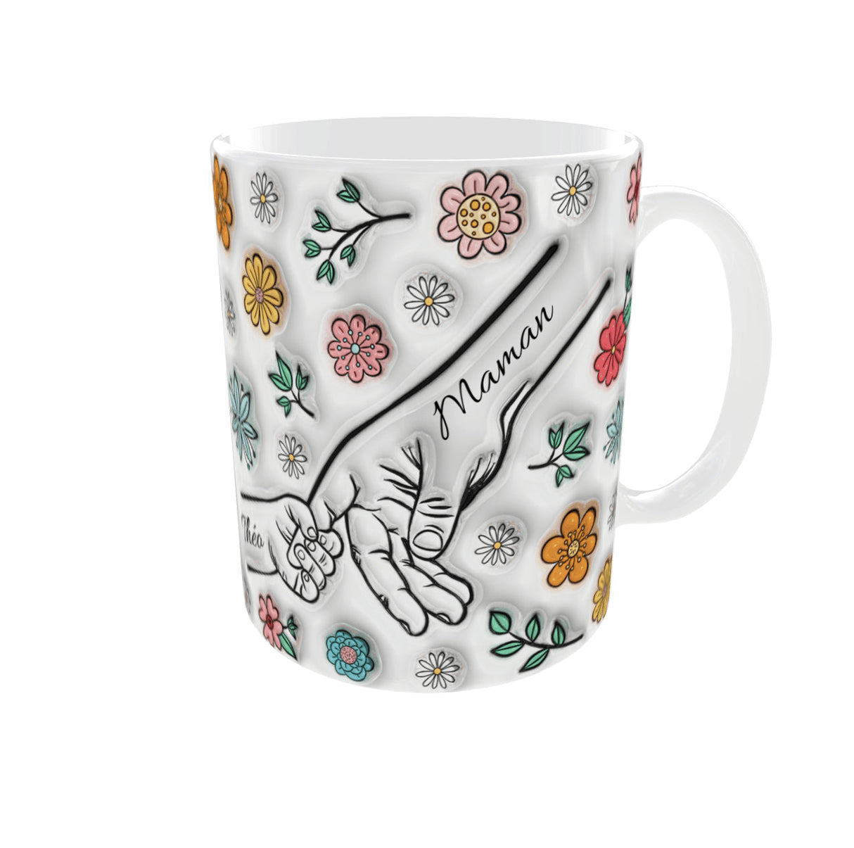 Mug personnalisé “Main dans la main” – Texte Maman/Papa + prénom au choix (325 ml / 11 oz) Sublimation Store