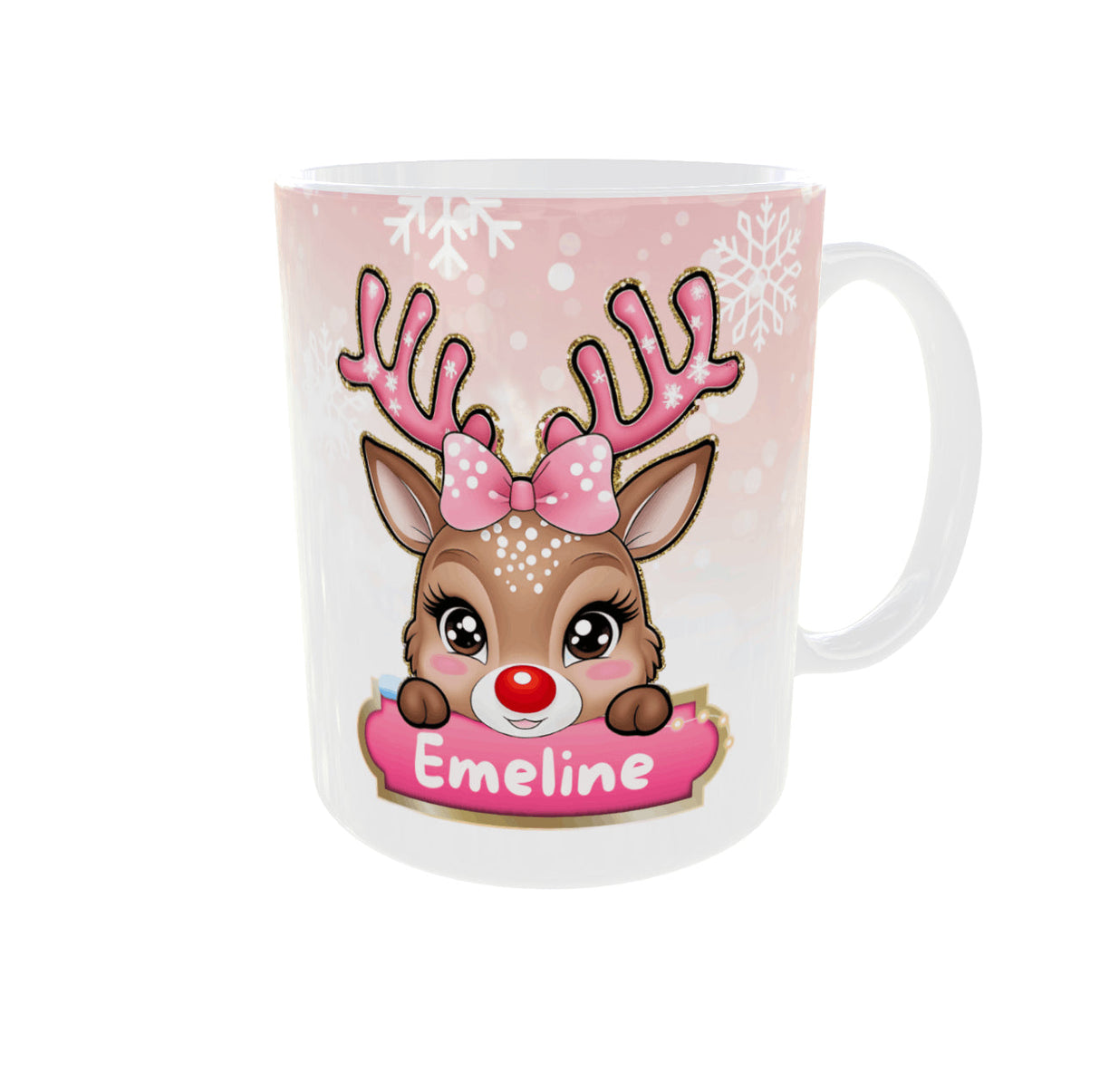 Mug de Noël personnalisé prénom – Petit renne aux bois roses (325 ml / 11 oz) Sublimation Store - Vue droite