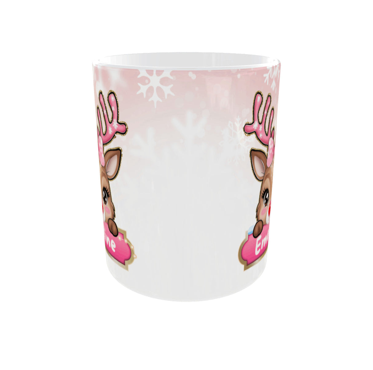 Mug de Noël personnalisé prénom – Petit renne aux bois roses (325 ml / 11 oz) Sublimation Store - Vue Face