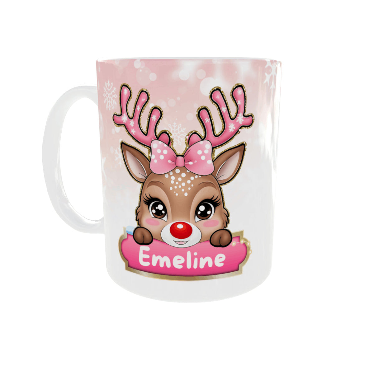 Mug de Noël personnalisé prénom – Petit renne aux bois roses (325 ml / 11 oz) Sublimation Store - Vue gauche