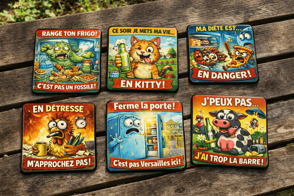pack de 6 magnets humoristiques posees sur une table de campagne