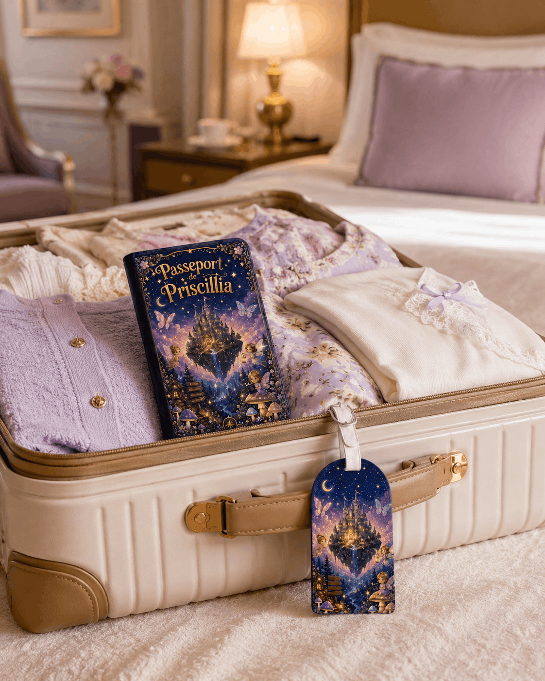 Pack voyage enfant housse passeport et étiquette bagage design féérique château enchanté sur valise ouverte dans chambre