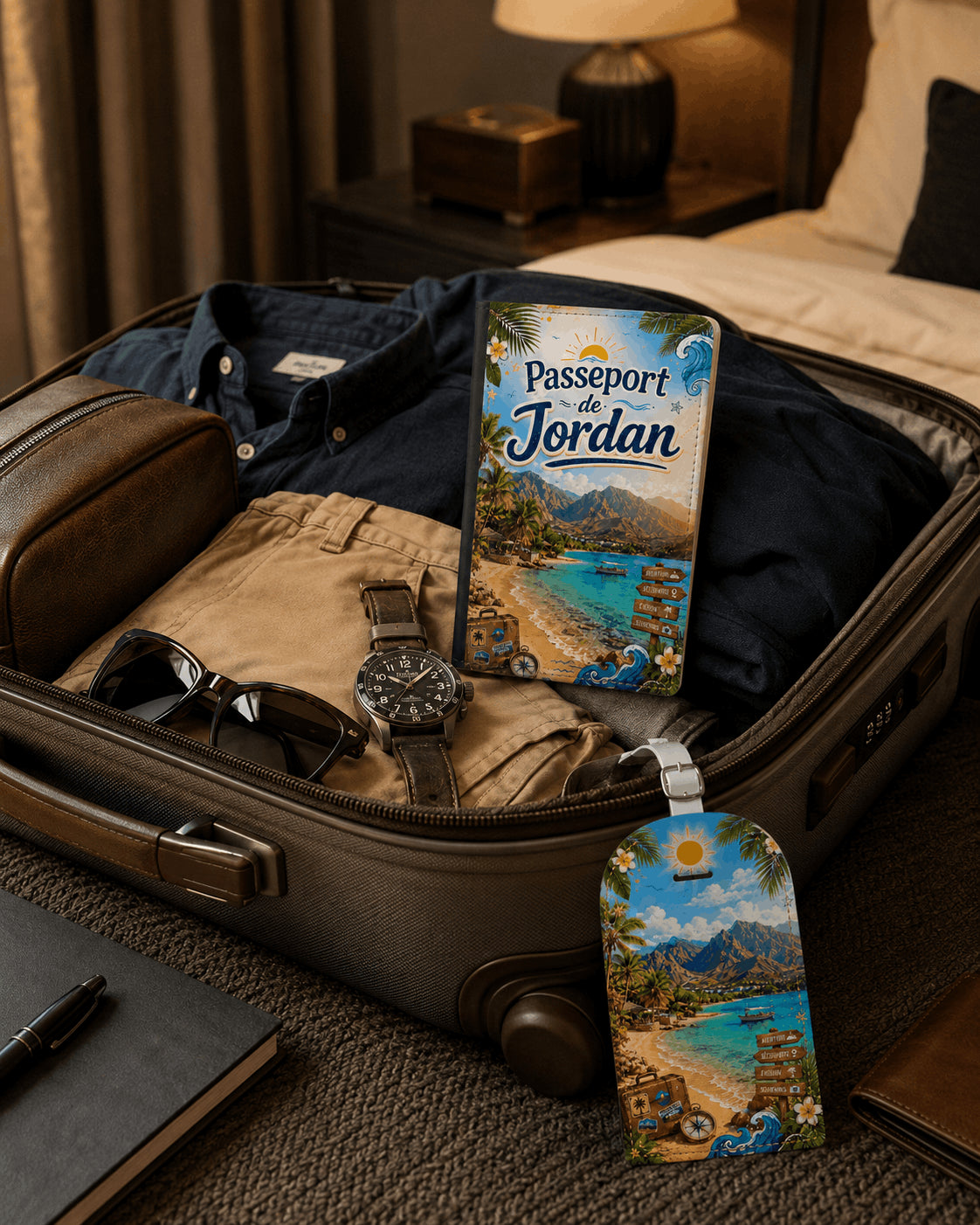 Pack voyage évasion tropicale housse passeport personnalisée et étiquette bagage design tropical sur valise ouverte dans chambre d'hôtel