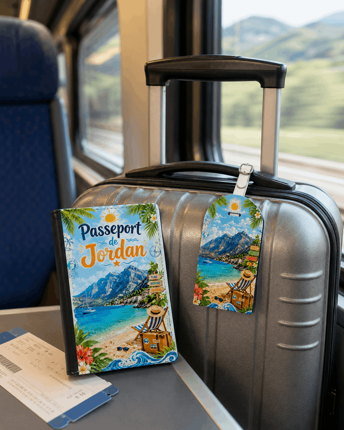 Pack voyage housse de passeport personnalisée et étiquette bagage design plage assortis dans compartiment de train