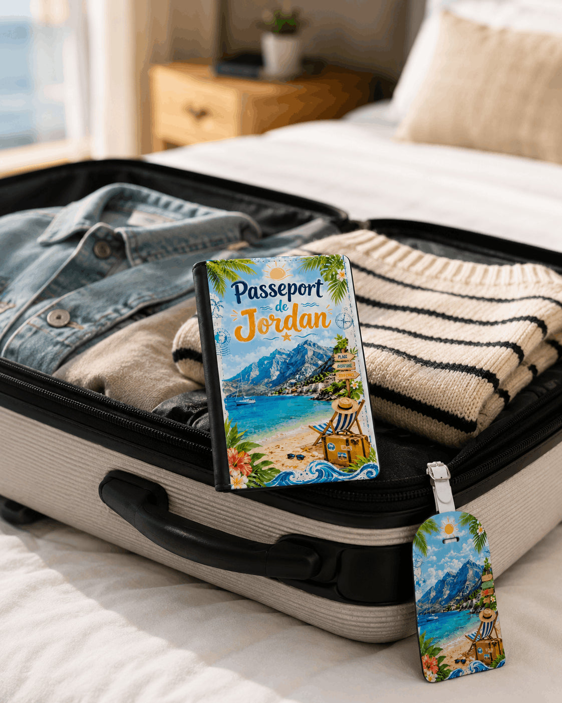Pack voyage housse passeport et étiquette bagage design plage montagne sur valise ouverte dans chambre