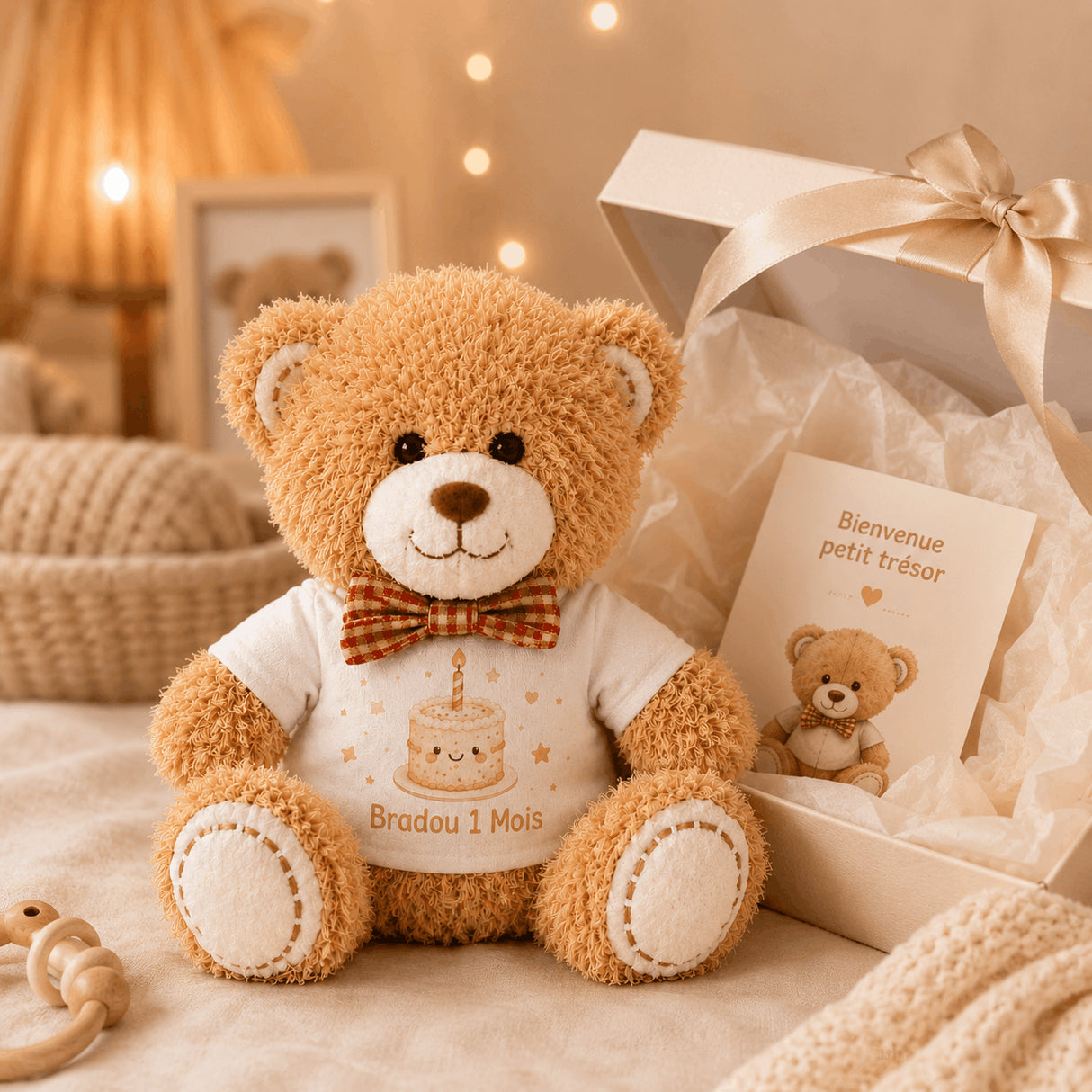 Peluche Bradou 1 mois avec coffret cadeau de naissance et carte souvenir
