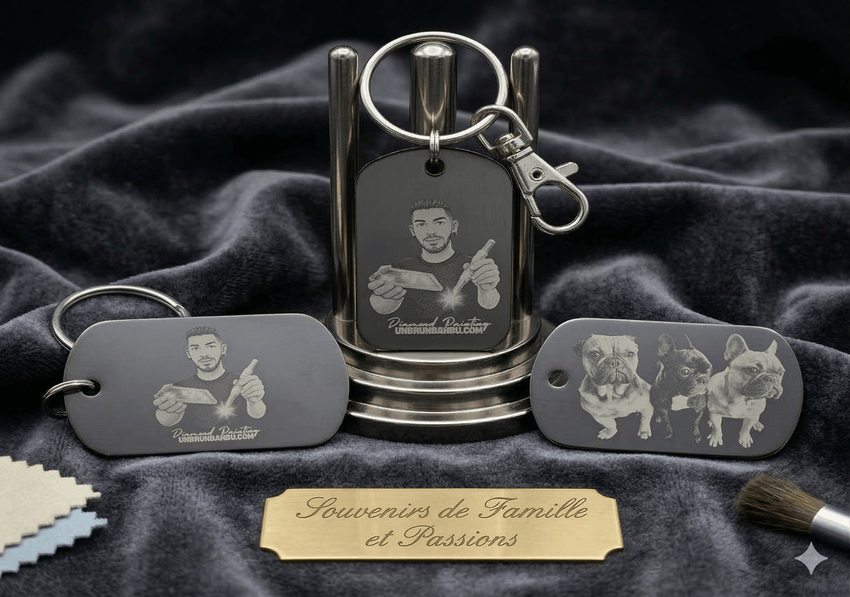 Porte-clés personnalisé gravé photo ou logo sur médaille noire recto verso