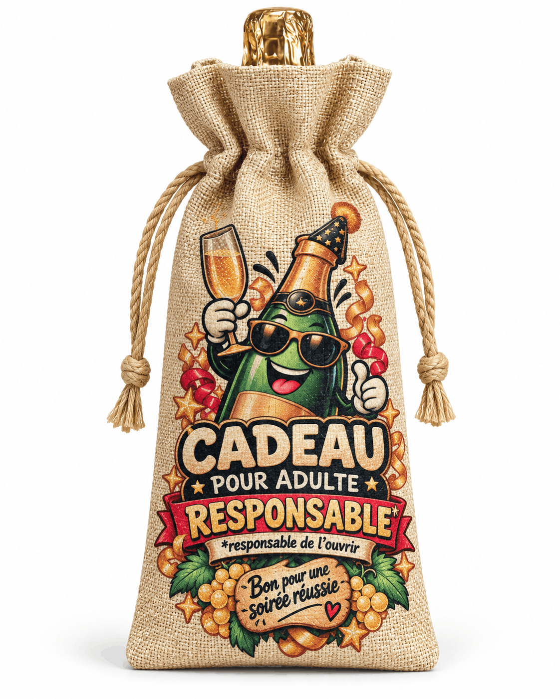 Sac à bouteille beige avec deux cordons en chanvre à franges, design humour Cadeau pour adulte responsable