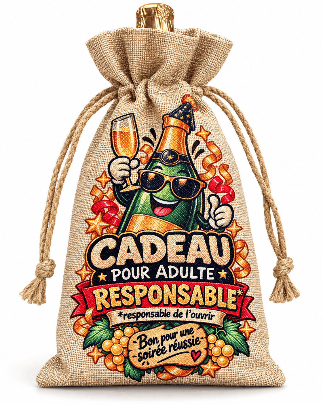 Sac cadeau pour bouteille en tissu imitation chanvre, vue de face, avec le message Cadeau pour adulte responsable