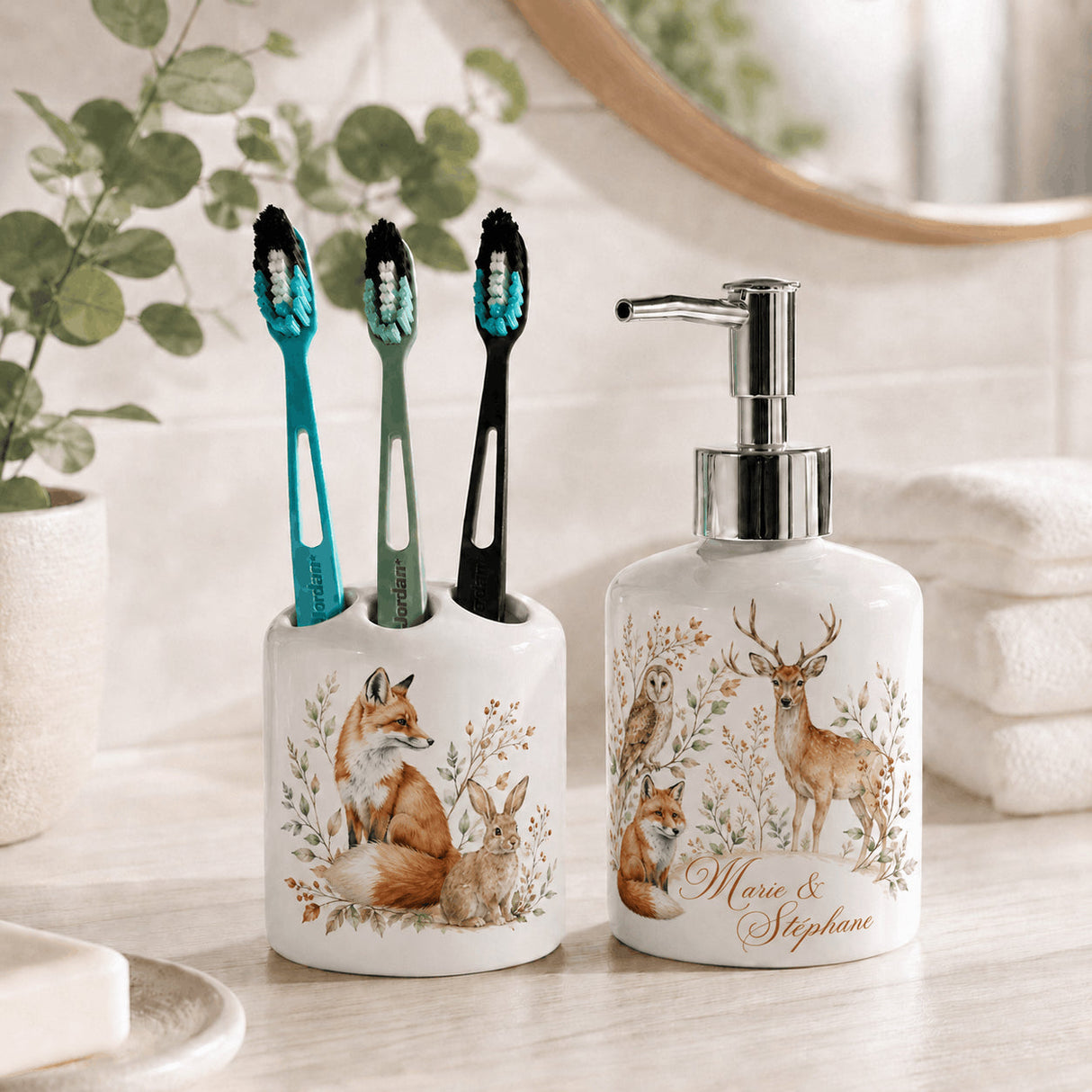Set salle de bain personnalisé décor animaux – porte-brosse renard lapin et distributeur cerf hibou, prénoms Marie Stéphane
