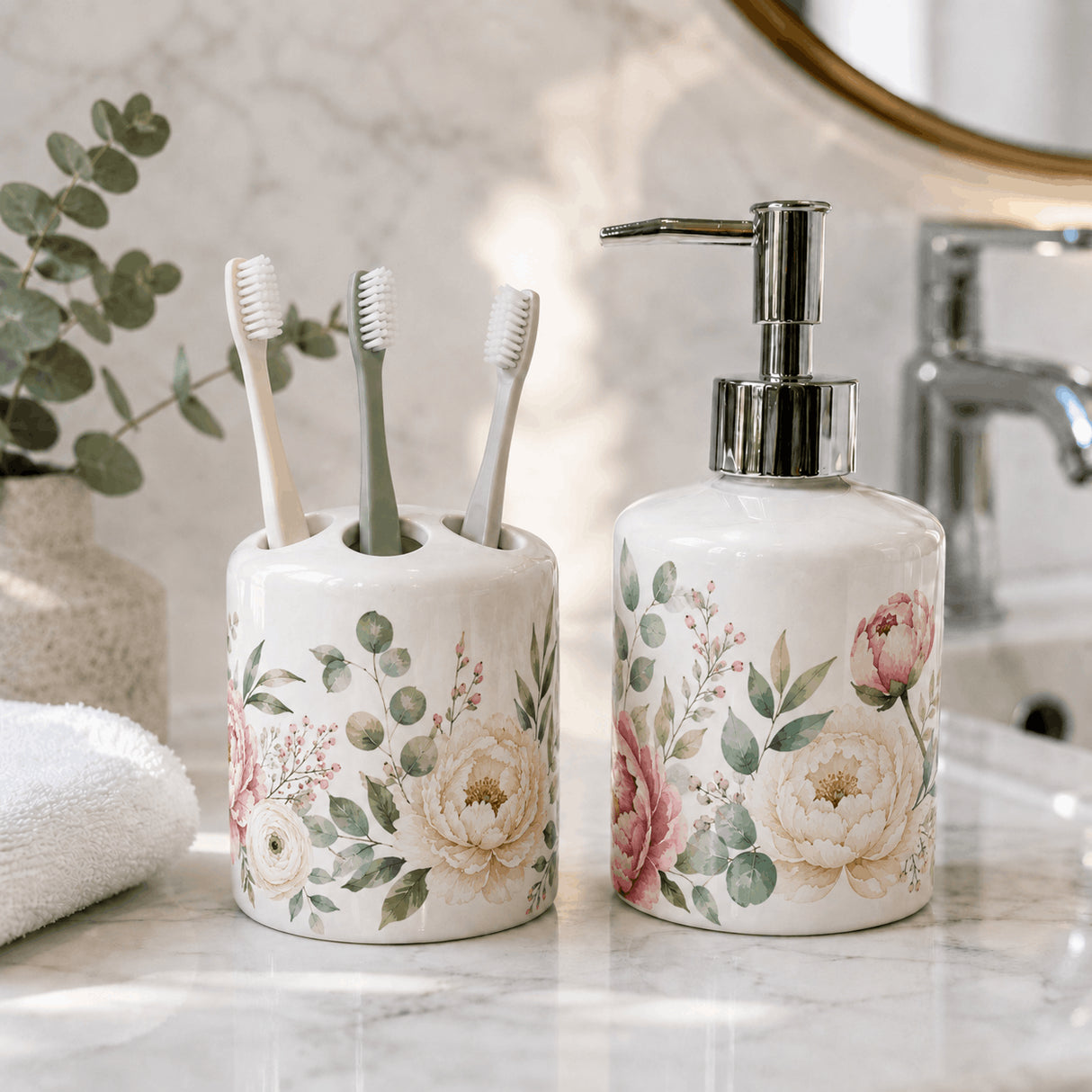 Set salle de bain personnalisé floral fond marbre clair – distributeur savon et porte-brosse décor pivoines crème