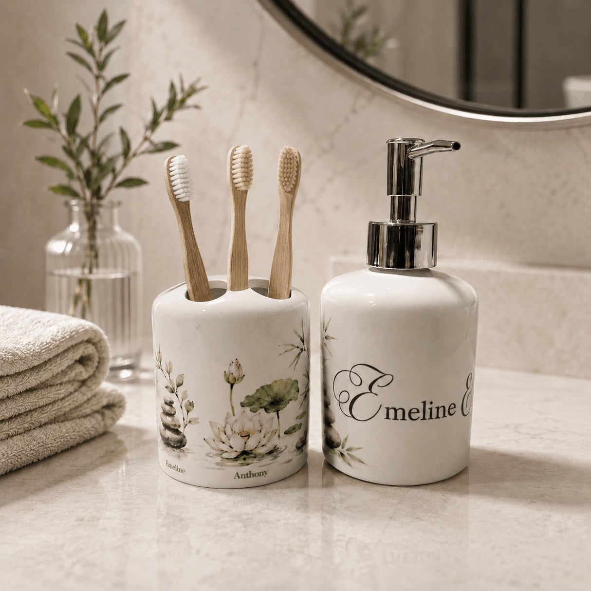 Set salle de bain personnalisé décor zen fond marbre beige – porte-brosse 3 emplacements et distributeur savon