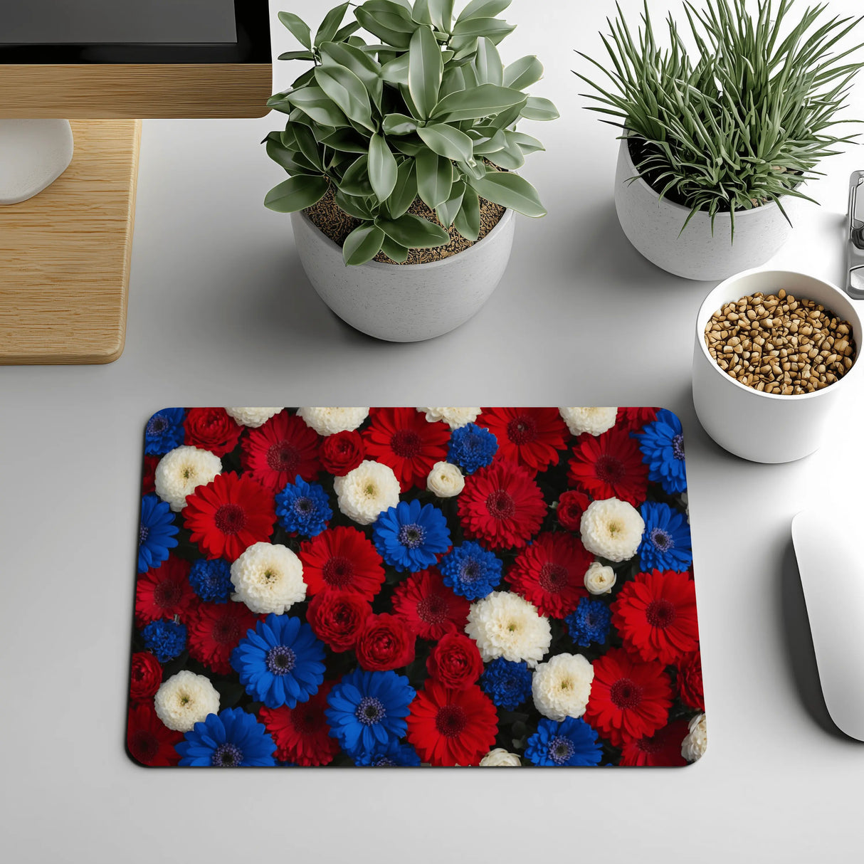 Tapis de Souris Fleurs Bleu Blanc Rouge – Parterre Floral | 19,5×23,5 cm Sublimation Store