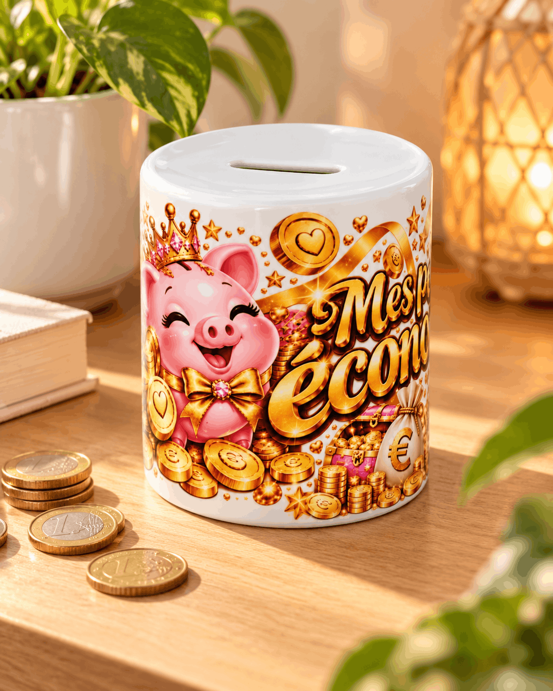 Tirelire céramique cochon couronné et pièces dorées Mes petites économies posée sur une table près de pièces d'euro