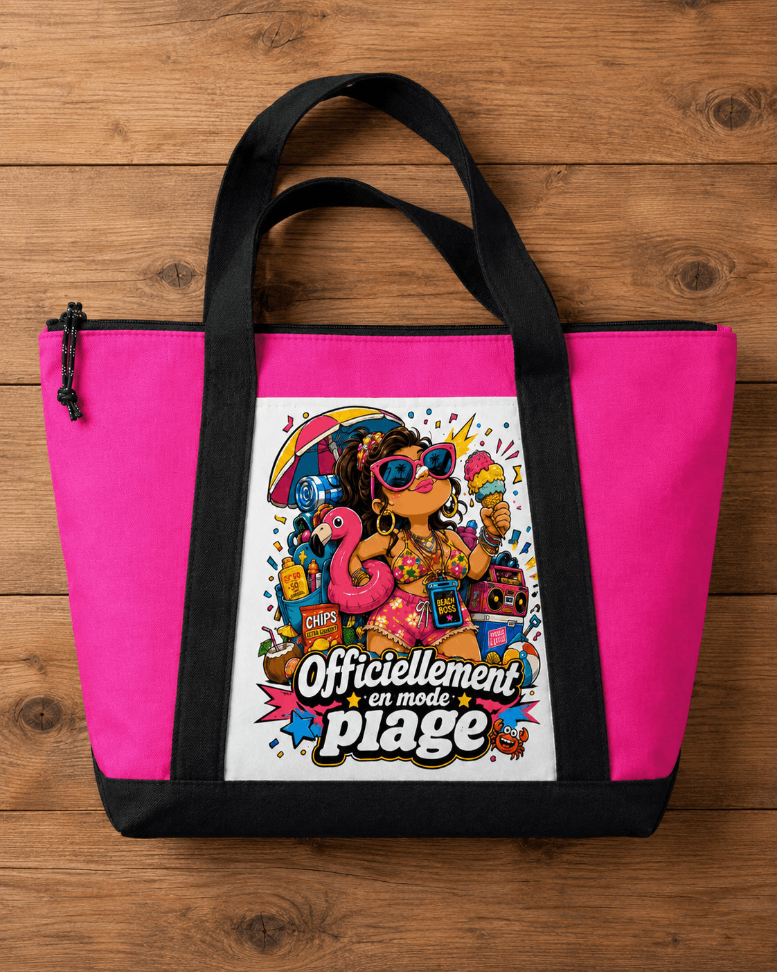 Tote bag sac de plage "Officiellement en mode plage" – beach boss, rose ou vert aqua Sublimation Store