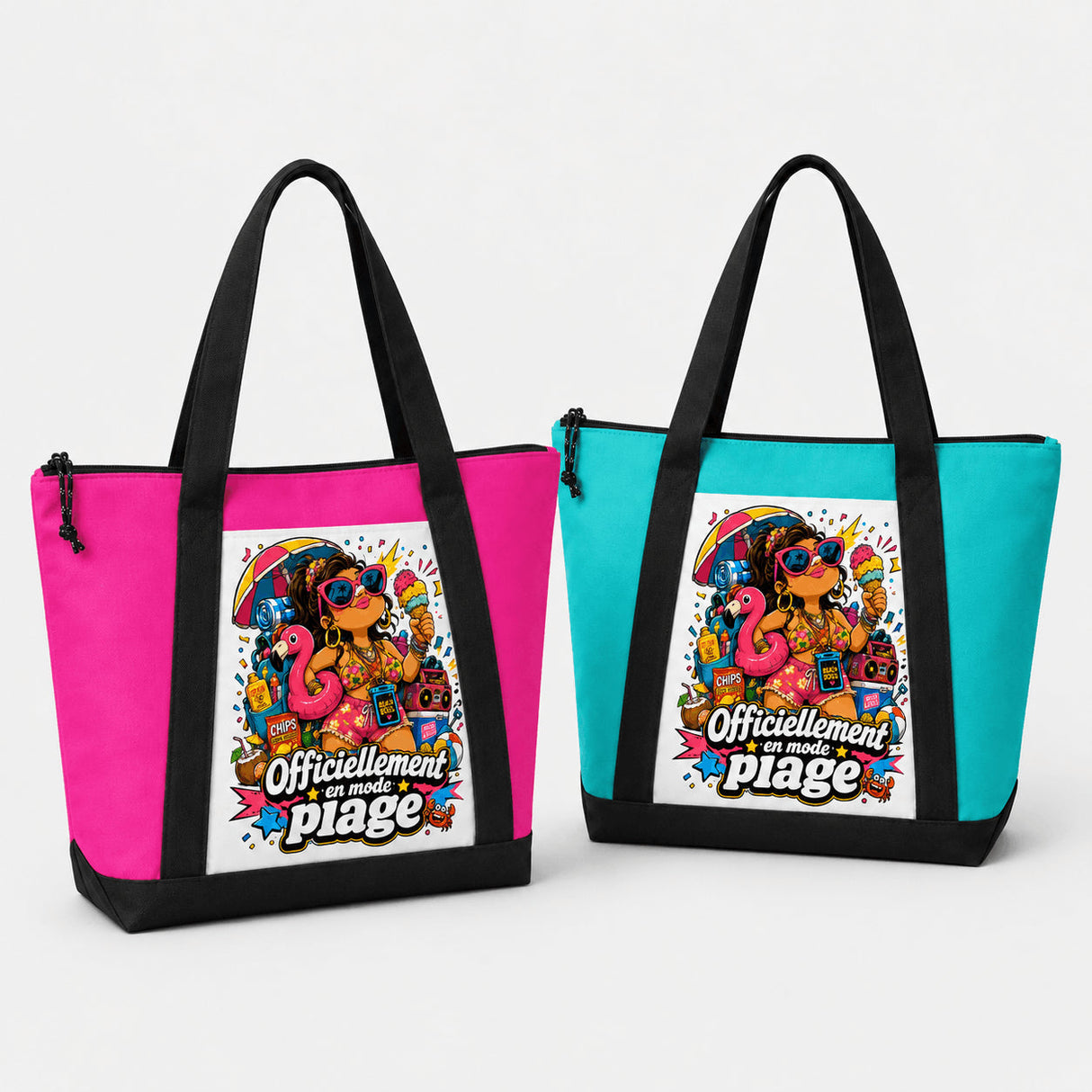 Tote bag sac de plage "Officiellement en mode plage" – beach boss, rose ou vert aqua Sublimation Store