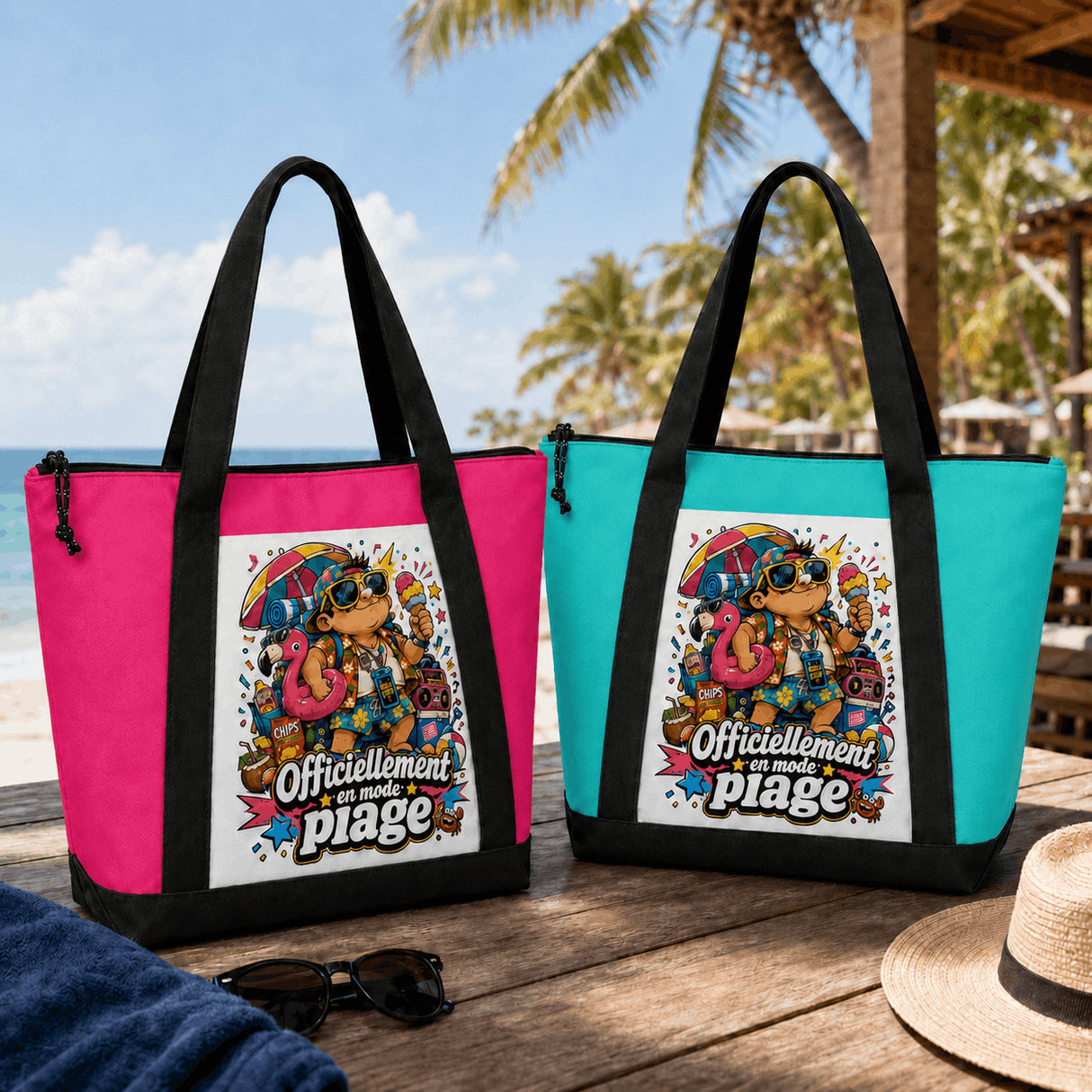 Sac de plage zippé cartoon beach boss coloré, deux coloris rose vif et vert aqua côte à côte