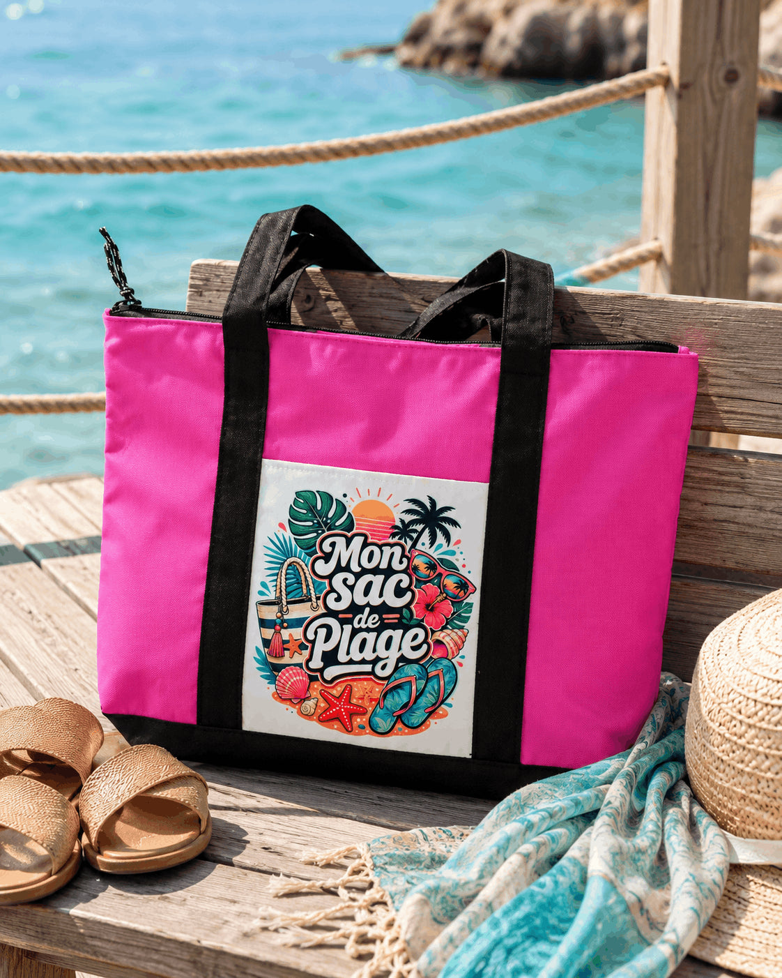 Tote bag Mon Sac de Plage rose posé sur un ponton en bois face à la mer