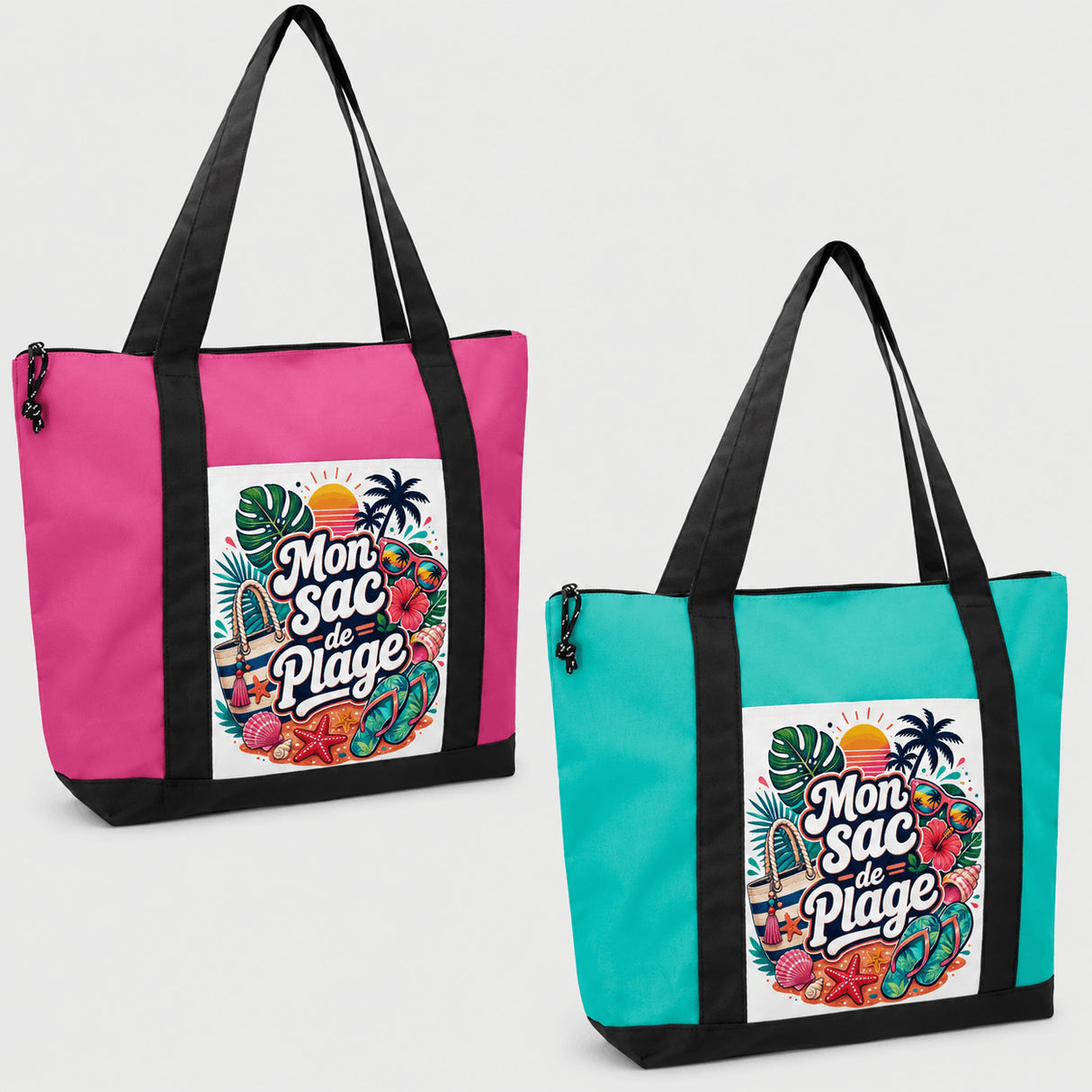Tote bag sac de plage Mon Sac de Plage – coloris rose vif et vert aqua
