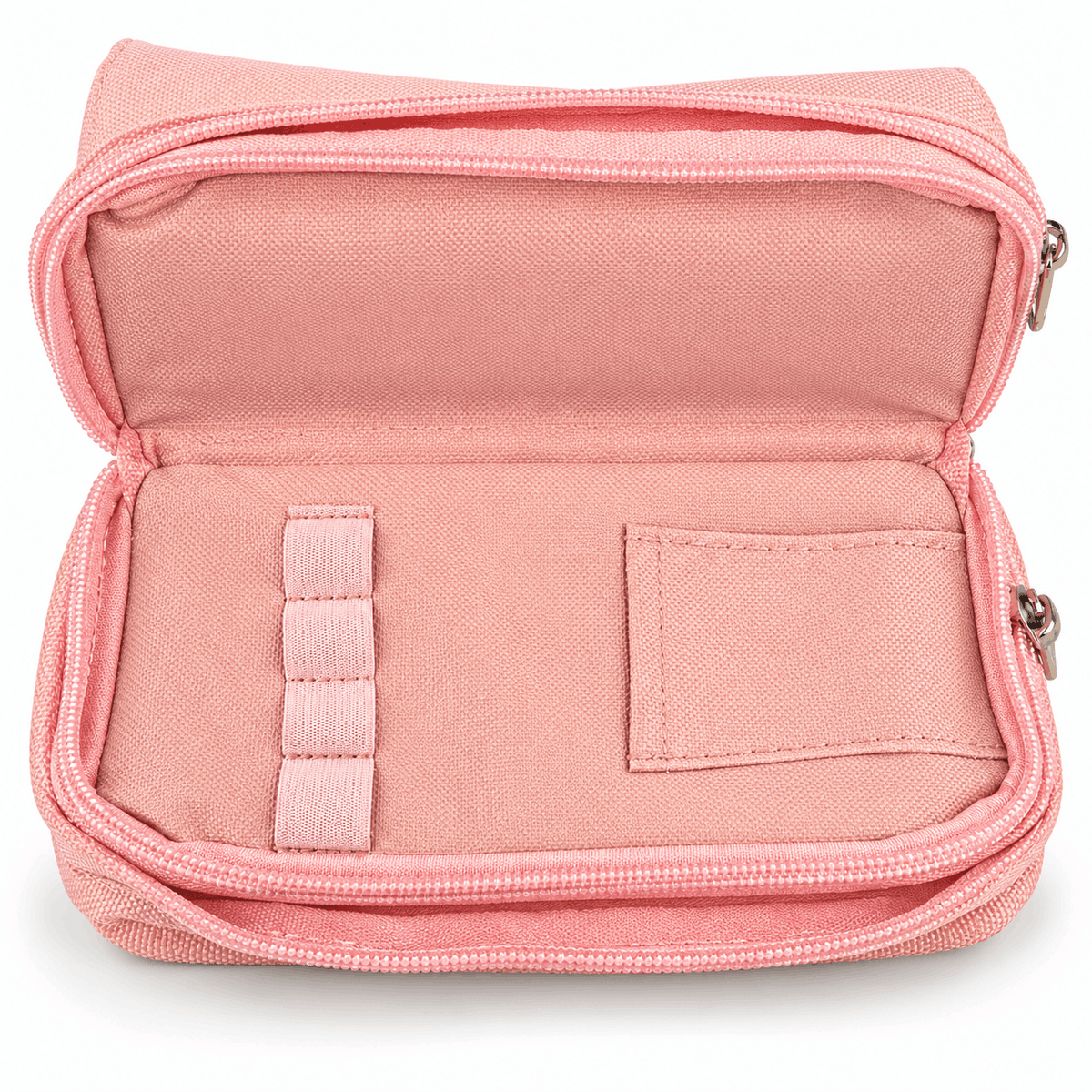 Intérieur de la trousse scolaire rose ouverte avec compartiment à élastiques pour stylos et petite poche plate