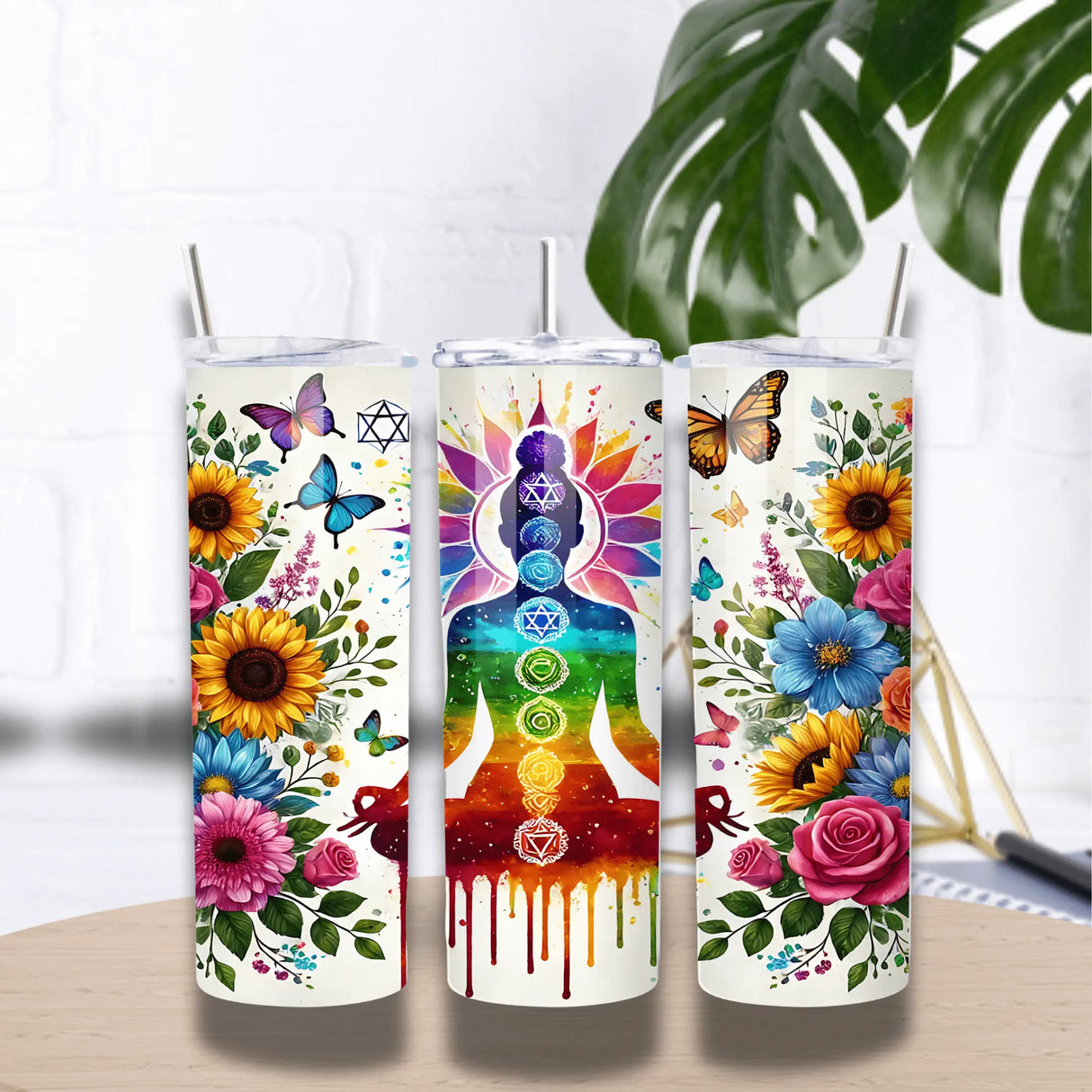 Tumbler Isotherme “Bouddha Chakras Rainbow” – Fleurs & Papillons (Sublimation) Sublimation Store