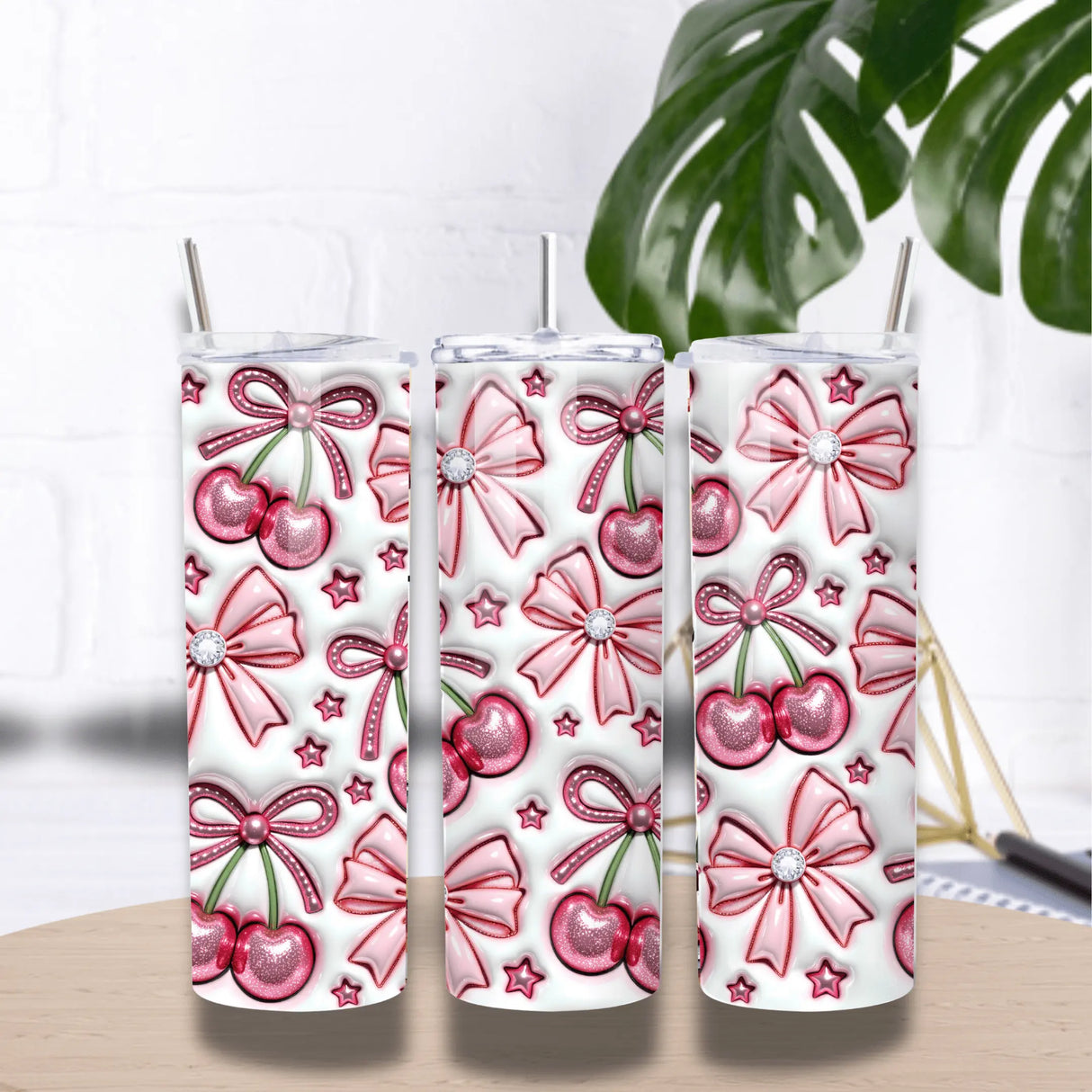Tumbler isotherme 20oz 591 ml cerises & nœuds roses, paille/goupillon Sublimation Store