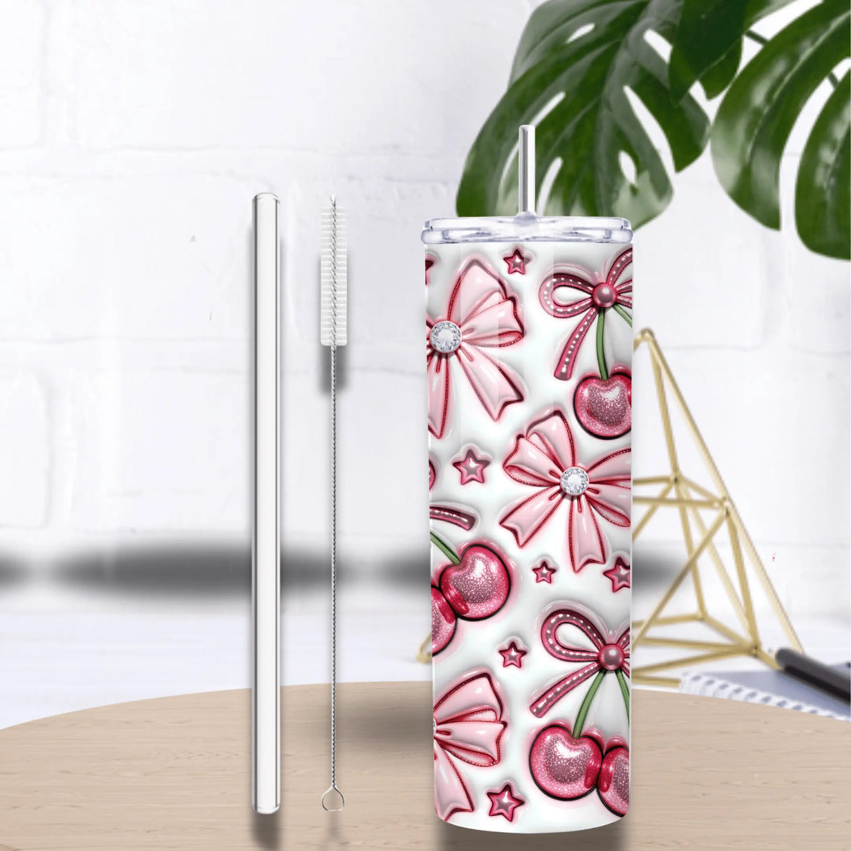 Tumbler isotherme 20oz 591 ml cerises & nœuds roses, paille/goupillon Sublimation Store