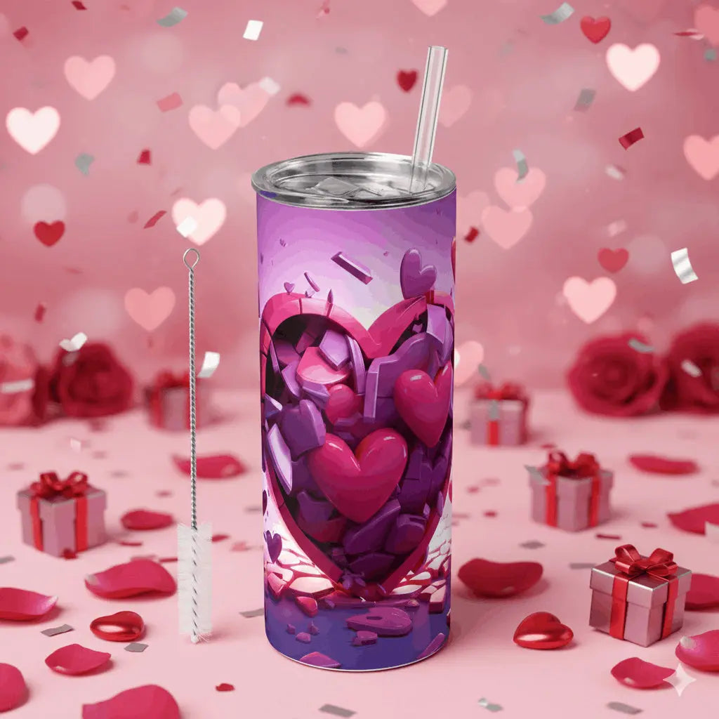 Tumbler Isotherme 20oz – Design "Cœur Éclaté" 3D Rose & Violet Sublimation Store