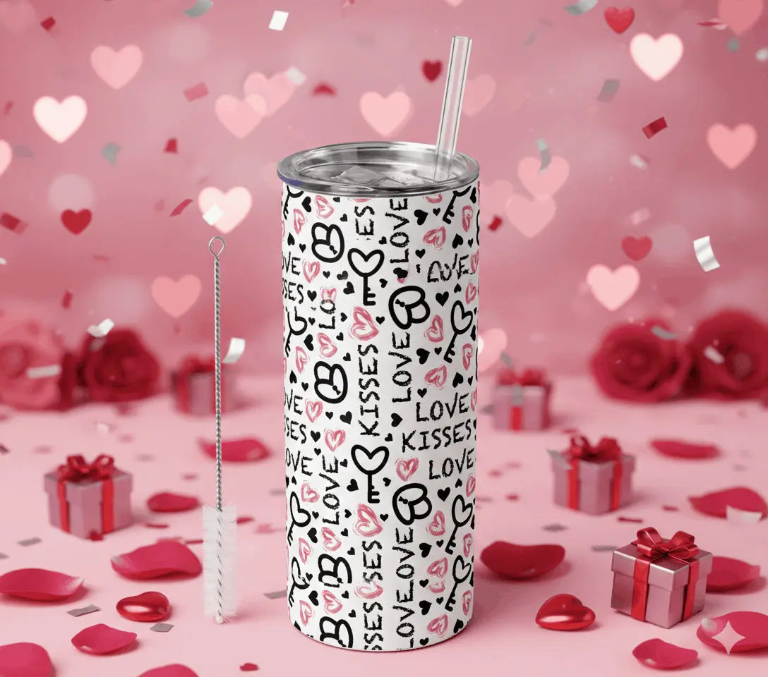 Tumbler Isotherme 20oz "Kisses, Love & Keys" – Édition Pattern Saint-Valentin – Coffret Cadeau Sublimation Store