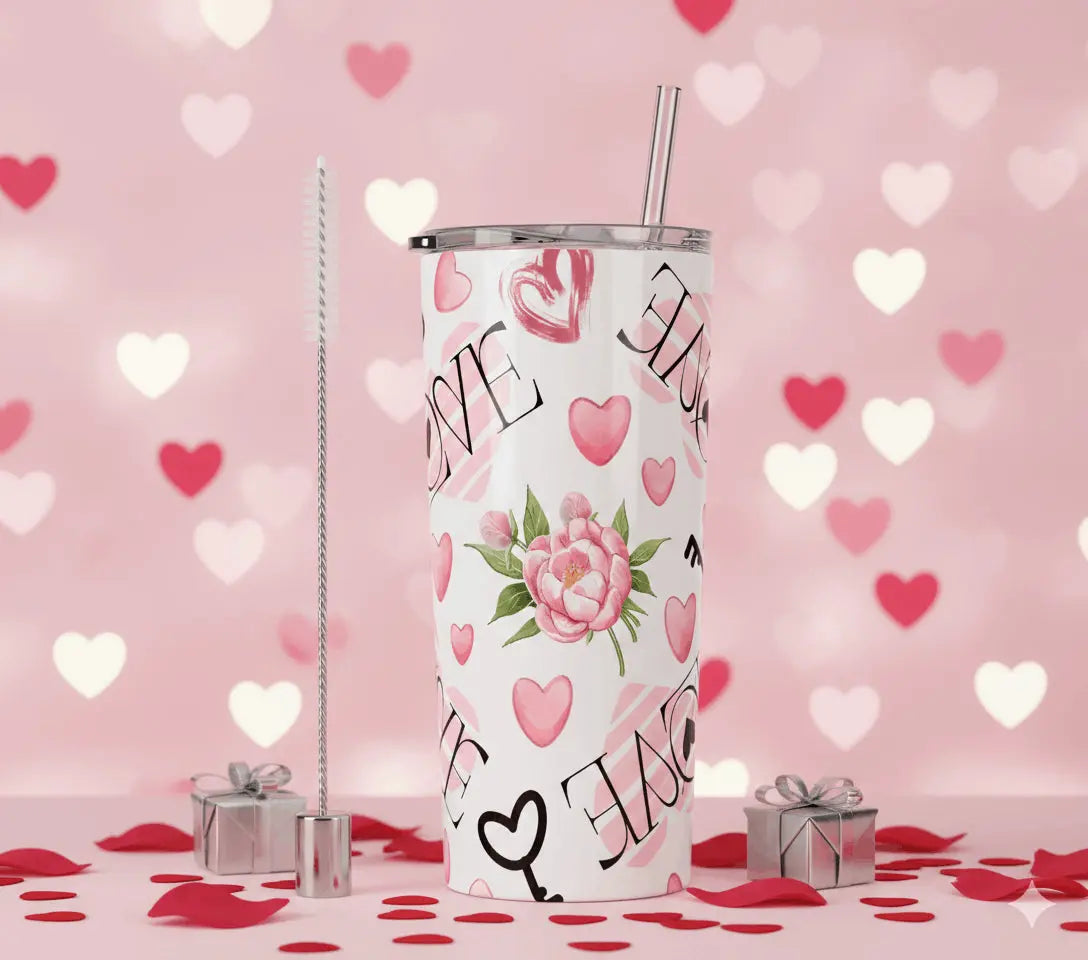 Tumbler Isotherme "Floral Love" – Design Pivoine et Cœurs Romantiques – 600ml Sublimation Store