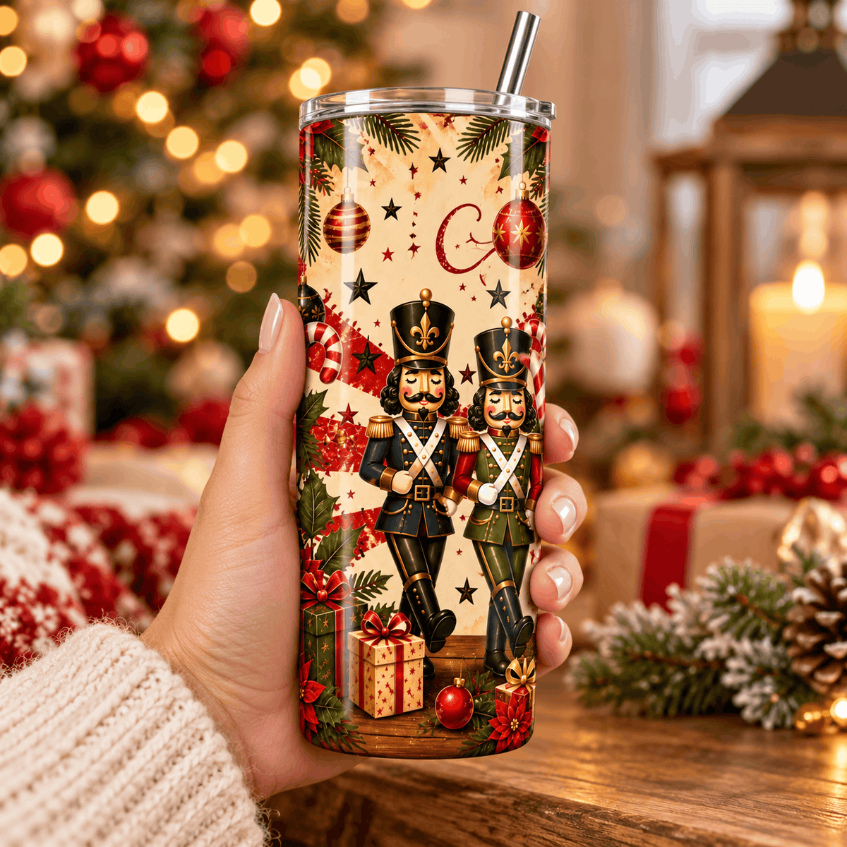 Main tenant un tumbler Joyeux Noël 20 oz inox avec soldats casse-noisette vintage, paille inox et décor de sapin illuminé