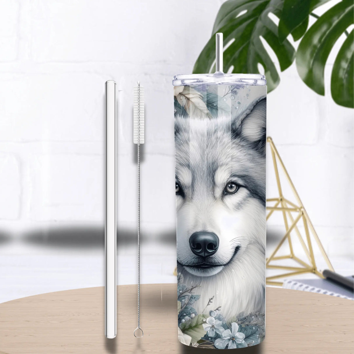 Tumbler 20 oz (591 ml) “Loup Blanc Mystique” – Roses & Attrape-Rêves (Couvercle + Paille) Sublimation Store