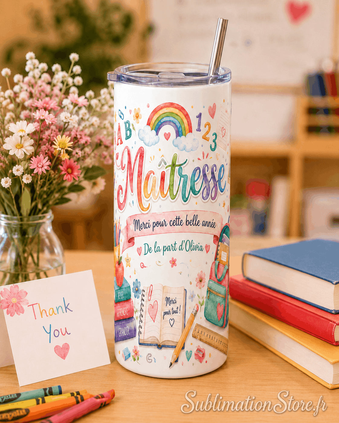 Tumbler maîtresse personnalisé posé sur un bureau avec un bouquet de fleurs et une carte Thank You