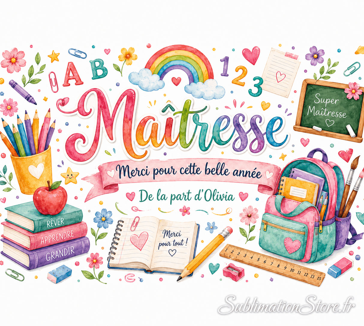 Design aquarelle du tumbler maîtresse – arc-en-ciel, crayons, livres, sac d'école, prénom personnalisé