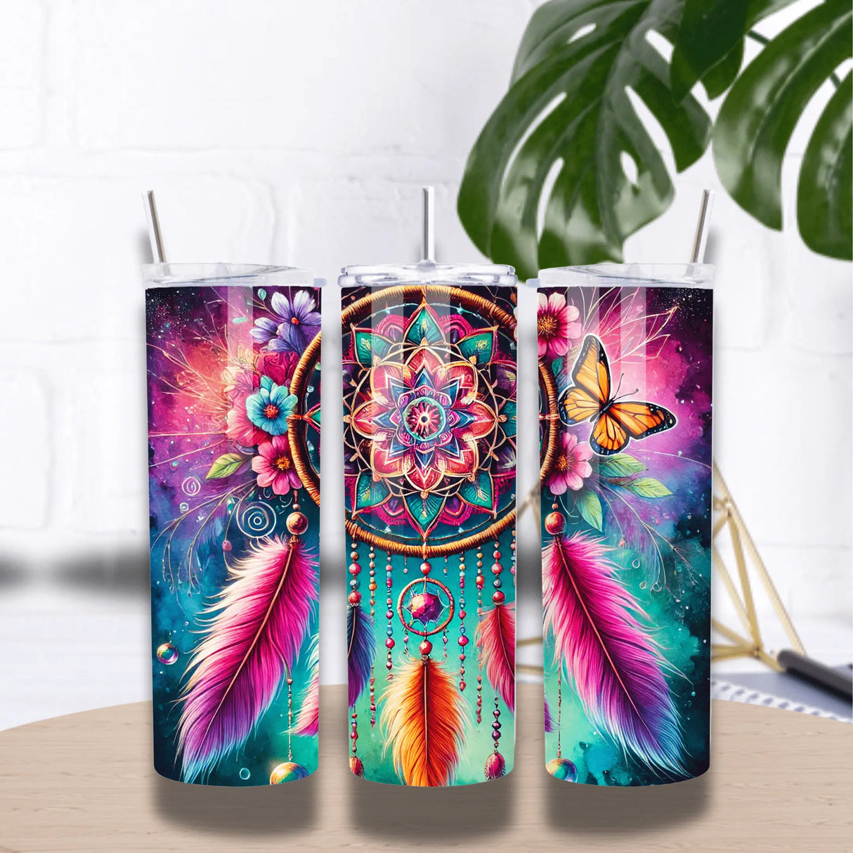 Tumbler Isotherme 20 oz “Mandala Bohème” – Plumes, Fleurs & Papillon (591 ml) Sublimation Store