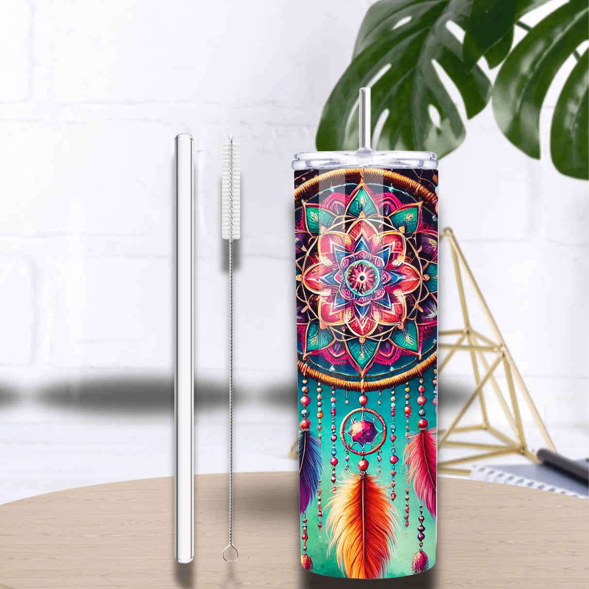 Tumbler Isotherme 20 oz “Mandala Bohème” – Plumes, Fleurs & Papillon (591 ml) Sublimation Store