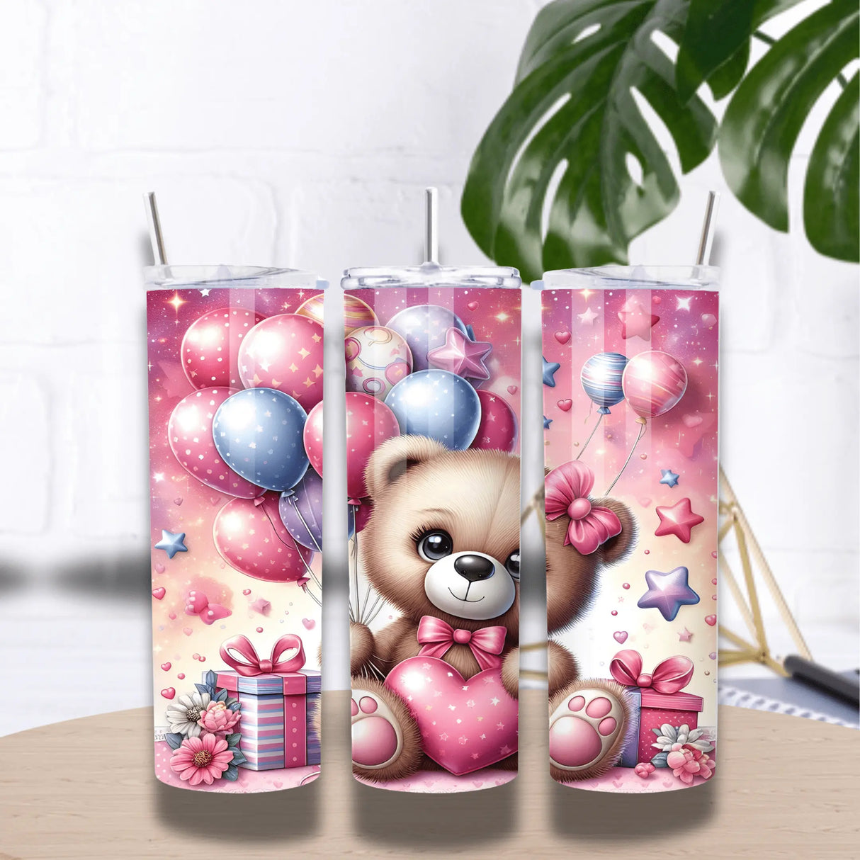 Tumbler 20 oz (591 ml) “Ourson Festif” – Cadeaux & Ballons (Couvercle + Paille) Sublimation Store