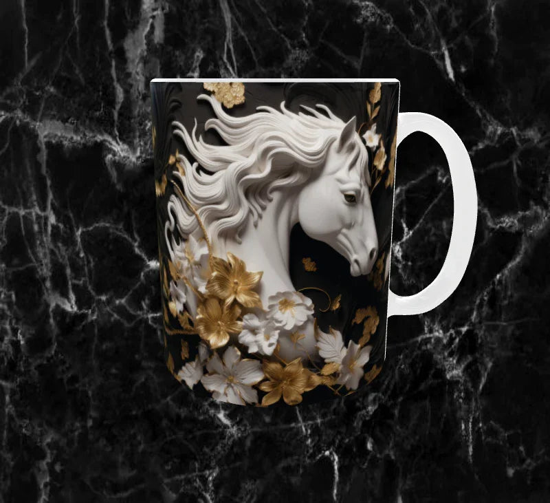 🐎 Mug “Cheval Blanc & Fleurs d’Or” – Élégance Équine ✨