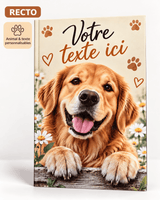 Cahier A5 personnalisé avec photo de chien et texte libre sur le recto.