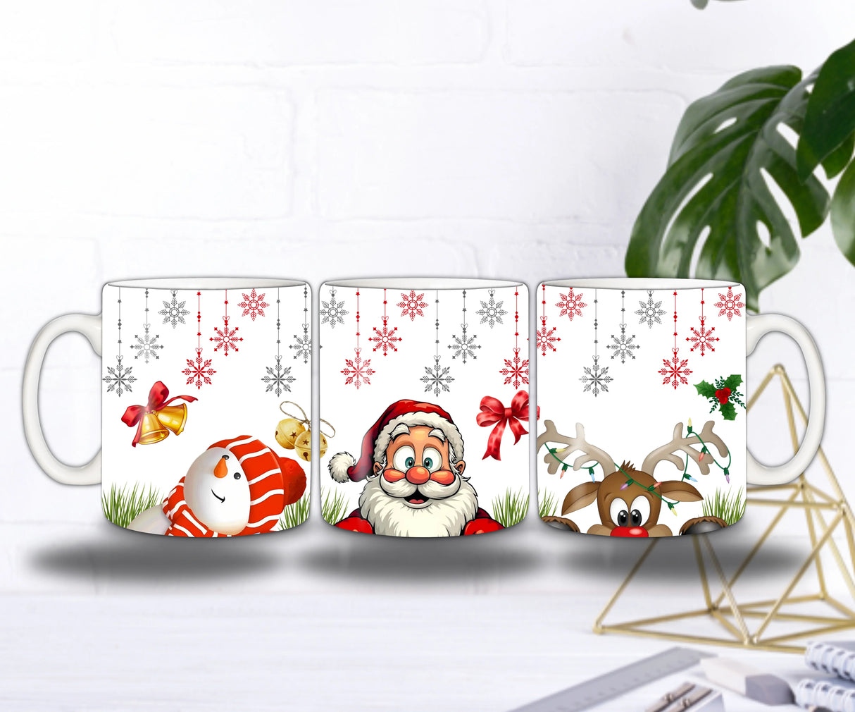🎄✨ Mug Noël Joyeux – Père Noël, Bonhomme de Neige & Renne Festif