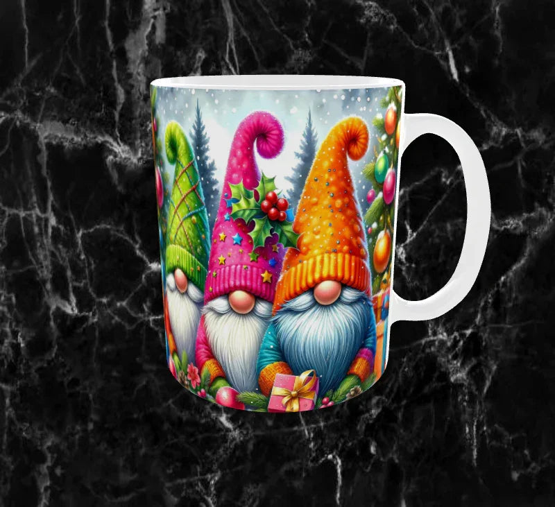 🎁Mug Sublimation – Gnomes de Noël Colorés & Sapin Festif