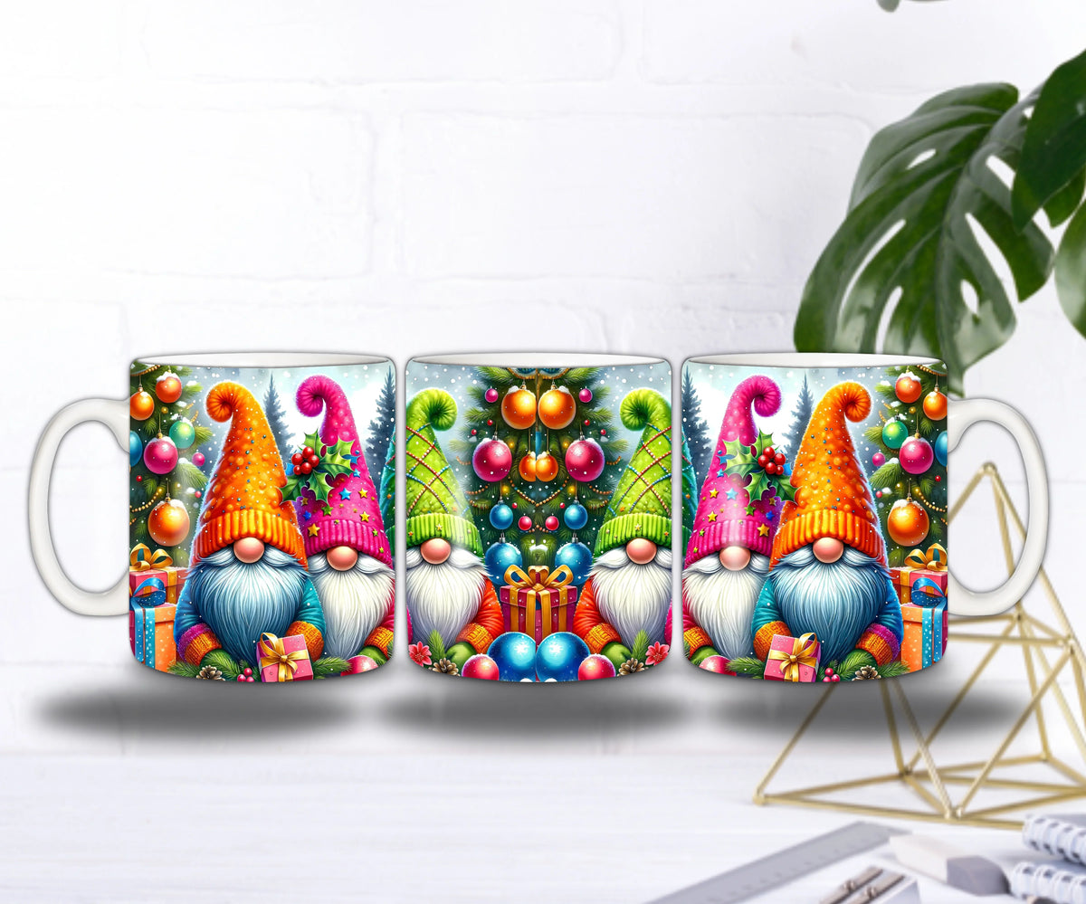 🎁Mug Sublimation – Gnomes de Noël Colorés & Sapin Festif