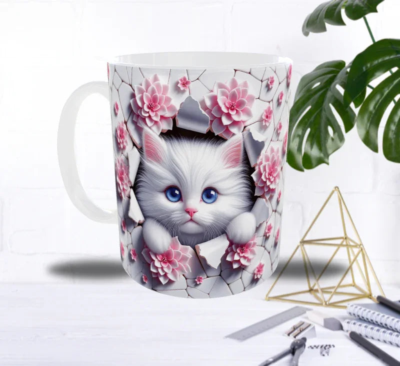 Mug Sublimation – Chaton Magique au Mur Fleuris