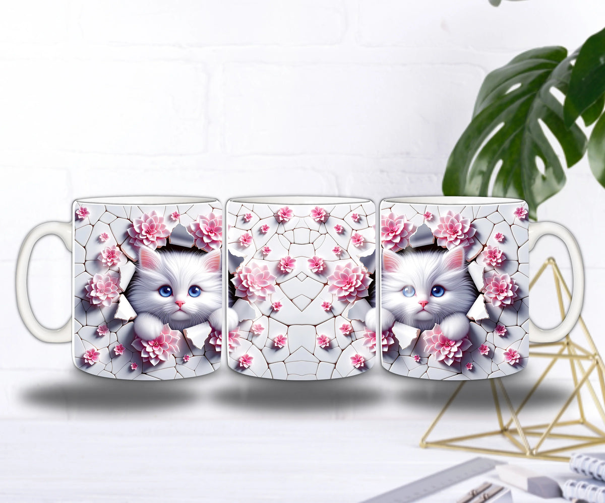 Mug Sublimation – Chaton Magique au Mur Fleuris